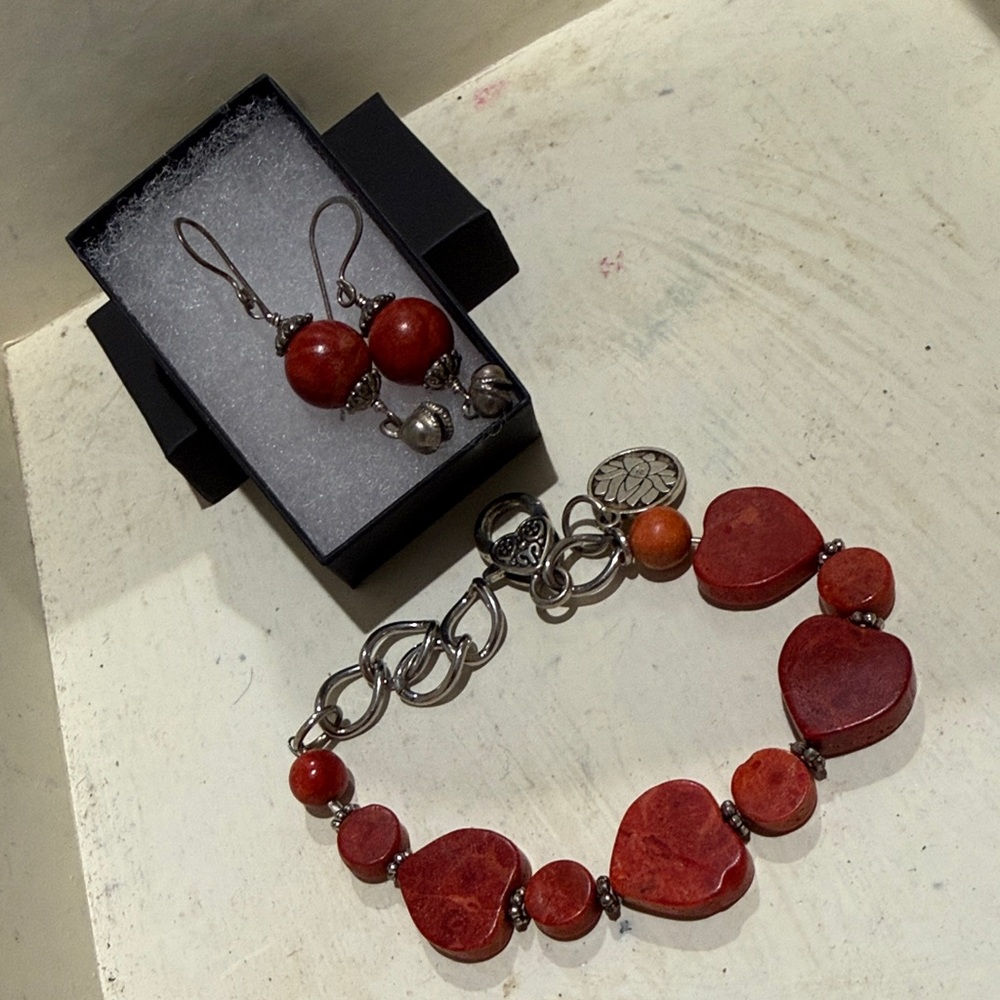 Natural stone Red Heart Bead Bracelet and Earrings Set - Women Jewelry